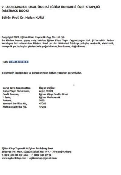 9. ULUSLARARASI OKUL ÖNCESİ EĞİTİM KONGRESİ ÖZET KİTAPÇIĞI  (ABSTRACK BOOK)