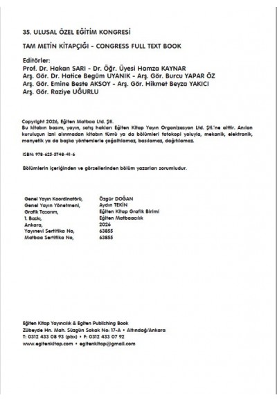 35. ULUSAL ÖZEL EĞİTİM KONGRESİ TAM METİN KİTAPÇIĞI - CONGRESS FULL TEXT BOOK 