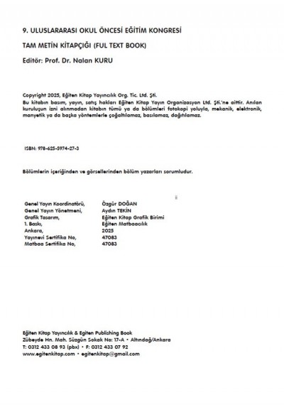 9. ULUSLARARASI OKUL ÖNCESİ EĞİTİM KONGRESİ TAM METİN KİTAPÇIĞI  (FUL TEXT BOOK)